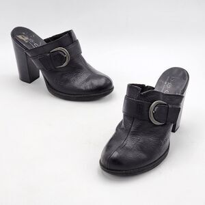 Born BOC Y2K Buckle Black Leather Slip On Heeled Clogs Mules Size 7
